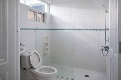 a white bathroom with a toilet and a shower at Villa La Olita in La Puntica de Juan Dolio
