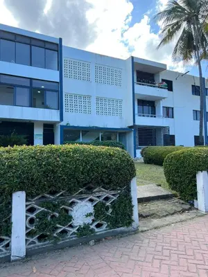 a white building with a palm tree in front of it at Bijoc 01 Apartment in San Felipe de Puerto Plata