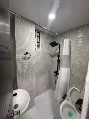 a bathroom with a shower and a toilet and a sink at Moon Apartamentos C1 in San Cristóbal