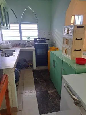 a kitchen with green cabinets and a sink at Fresh