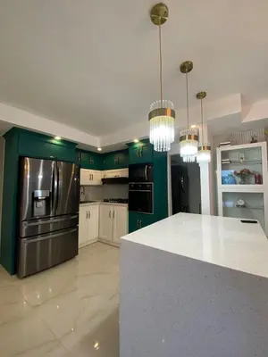 a kitchen with green walls and a stainless steel refrigerator at Departamento en la playa de palenque in Sabana Grande de Palenque