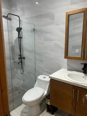 a bathroom with a toilet and a glass shower at Tropical oasis rentas in Las Terrenas
