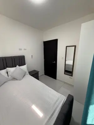 a bedroom with a large white bed and a mirror at Moon Apartamentos D3 in San Cristóbal