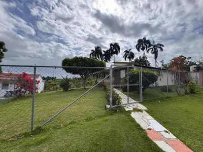 a fence in front of a yard with palm trees at Casa de campo El Bonao in Higuey