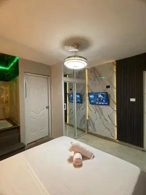 a bedroom with a bed and a mirror and a tv at Luxury and beautiful studio private jacuzzi in Santo Domingo