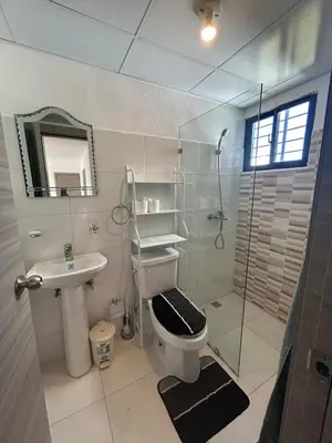 a bathroom with a toilet and a sink and a shower at Próximo al aeropuerto en santo domingo in La Javilla