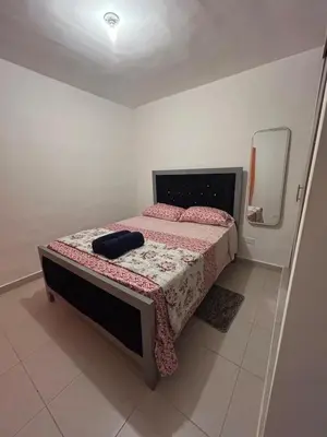 a small bedroom with a bed with a pink bedspread at Próximo al aeropuerto en santo domingo in La Javilla