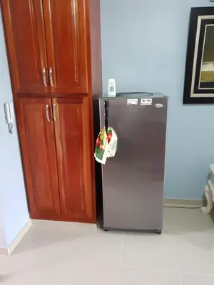 a kitchen with a refrigerator next to a wooden cabinet at My house 56 in San Francisco de Macorís