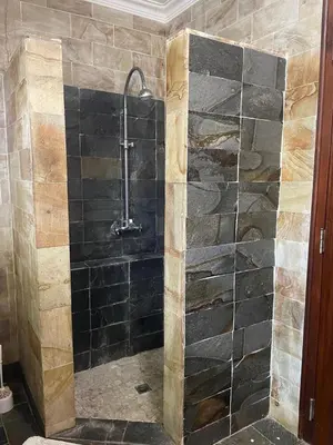 a shower in a bathroom with black tile at Villa exotic in Juan Dolio
