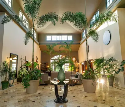 a lobby with potted plants and a table in the middle at Oris Chic & Tropical Suite, Breakfast in Las Terrenas