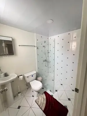 a white bathroom with a toilet and a shower at Apartamento en bani in Baní