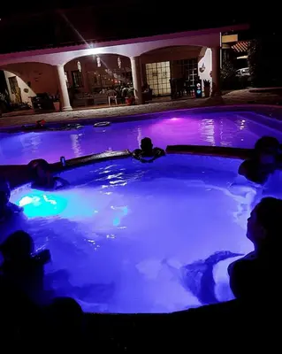 a group of people in a swimming pool at night at Villa Cancanet in Nizao