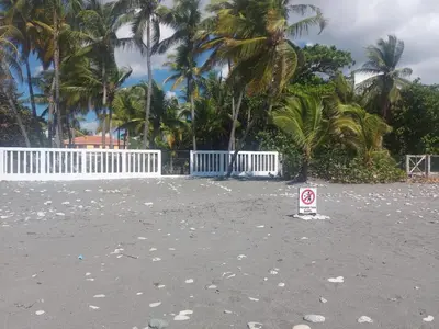 a no swimming sign on a beach with palm trees at Villa Cancanet in Nizao