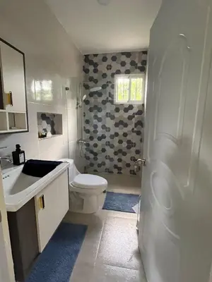 a bathroom with a white toilet and a sink at Pequeña villa de María in Villa Mella