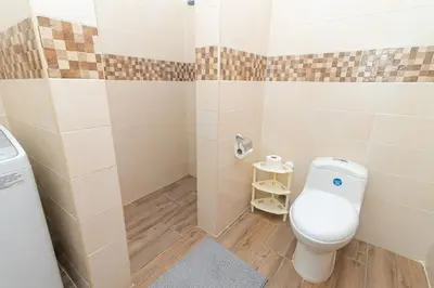 a bathroom with a toilet and a shower at Caribbean Escape 1BR at Paraiso Bayahibe in Bayahibe