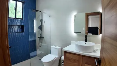 a bathroom with a toilet and a sink and a mirror at Cigua Palmera 42 in Puerto Plata