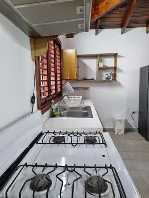 a kitchen with a stove top oven next to a sink at Sunset Paradise in Las Terrenas