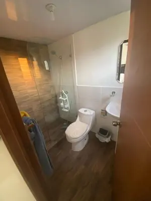 a bathroom with a toilet and a shower and a sink at Apartmento en Caleta, La Romana in La Romana