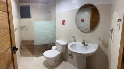 a bathroom with a toilet and a sink and a mirror at Filadelfia II in La Grúa