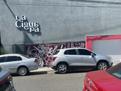 two cars parked in front of a building with graffiti at FredyGreenHouse in Santiago de los Caballeros