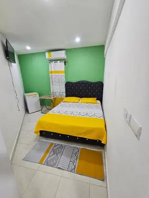 a bedroom with a bed in a room with a green wall at W&W Hotel in Las Terrenas