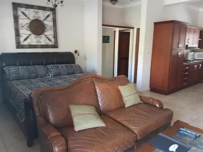 a living room with a leather couch and a bed at Cozy Garden Oasis Steps to the Beach in Cabarete