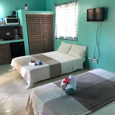 two beds in a room with blue walls at Casa Barbara in Las Terrenas