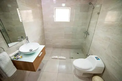 a bathroom with a toilet and a sink and a shower at Hotel Real Bella Vista in Santo Domingo