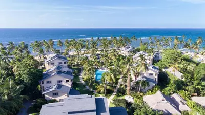 an aerial view of a resort with palm trees and the ocean at Hotel Alisei in Las Terrenas