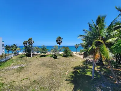 a view of a beach with palm trees and the ocean at Susy paradise in Sosúa