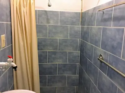 a bathroom with a blue tiled shower with a shower curtain at Miami Studios DR in Santo Domingo