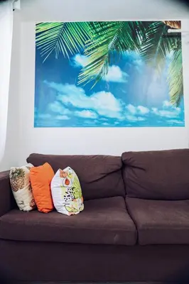 two pillows sitting on a couch under a painting at Riviera Punta Cana Eco Travelers in Punta Cana