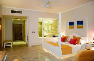 a bedroom with a king sized bed and a bathroom at Cofresi Palm Beach & Spa Resort - All Inclusive in San Felipe de Puerto Plata