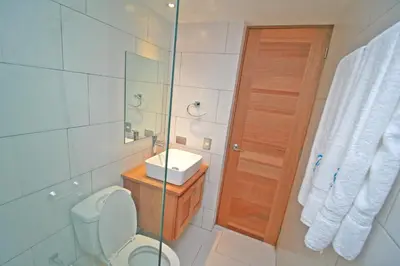 a bathroom with a toilet and a sink and a mirror at Palmetto Hotel in Santiago de los Caballeros