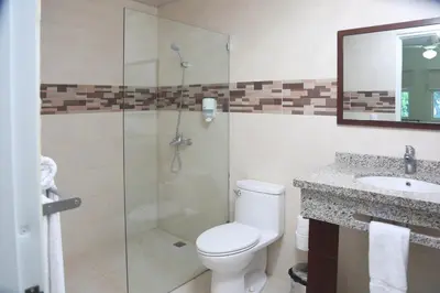a bathroom with a shower and a toilet and a sink at Anton Reef in Sosúa