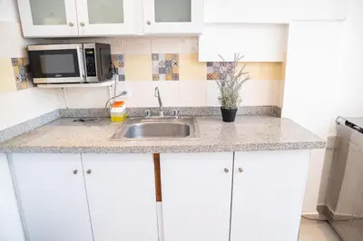 a kitchen with a sink and a microwave at Cataleya Hotel in Santo Domingo