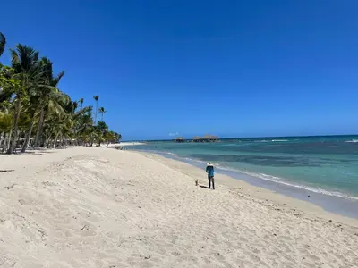a man standing on a beach with a dog at Bellomar I Exclusive Juan Dolio Playa Hemingway in Juan Dolio