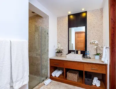 a bathroom with a sink and a shower at Apartment in Sublime Samana Résidence in Las Terrenas