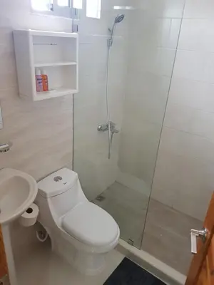 a bathroom with a shower and a toilet and a sink at KSL Residence in Boca Chica