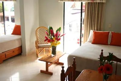 a bedroom with a bed and a table with a vase of flowers at Hotel Zapata in Boca Chica