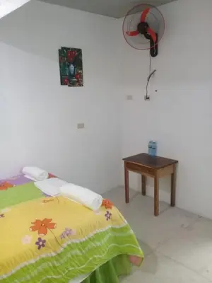 a bedroom with a bed and a table with a fan at Hostel Quintonido in Jarabacoa