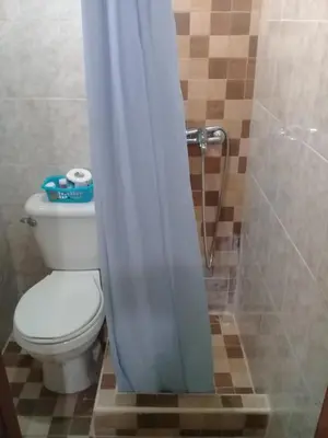 a bathroom with a toilet with a shower curtain at Hostel Quintonido in Jarabacoa