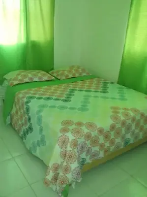a green bedroom with two beds in it at Casa Vasquez in San Felipe de Puerto Plata
