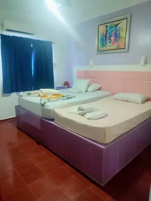 two beds in a room with a purple bed frame at Hotel Kevin in San Felipe de Puerto Plata