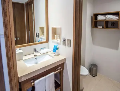 a bathroom with a sink and a mirror and a toilet at Hampton By Hilton Santo Domingo Airport in Boca Chica