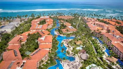 an aerial view of a resort near the ocean at Majestic Colonial Punta Cana - All Inclusive in Punta Cana