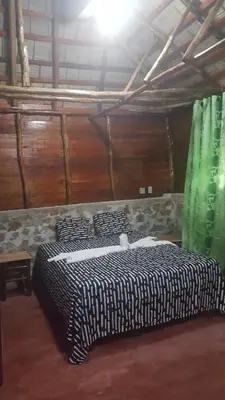 a bedroom with a bed in a room with green curtains at Villa La Caleta in Las Galeras