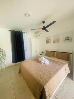 a bedroom with a bed with a ceiling fan at Hotel Casa Pierretta in Las Terrenas