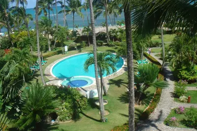 an overhead view of the pool at the resort at Hotel Playa Colibri in Las Terrenas