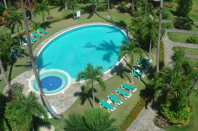 an overhead view of a swimming pool with chairs and palm trees at Hotel Playa Colibri in Las Terrenas